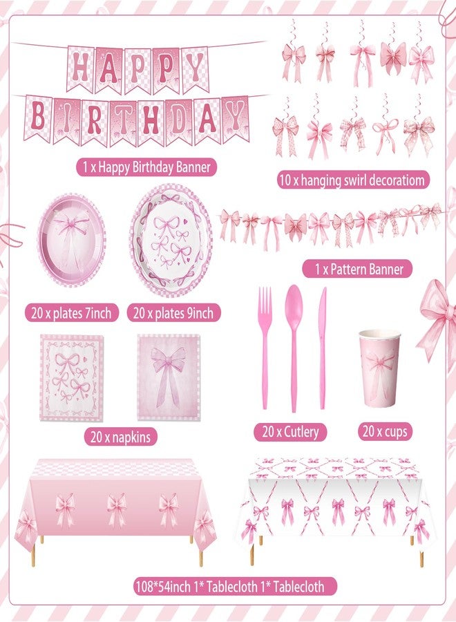 Zhehao 154 Pcs Pink Bow Party Supplies Set, Theme Birthday Party Decorations, Plates, Napkin, Cup, Fork, Knives, Spoon, Tablecloth, Spiral Charms, Banner for Birthday Dec Serves 20 Guest - Image 2